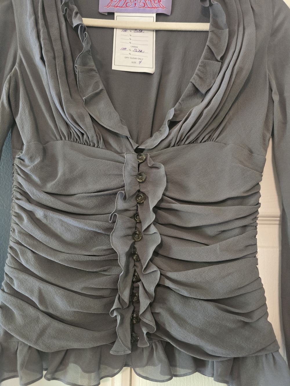 Tuleh Ruffled Button-Front Blouse - Gray - Picture 2 of 4